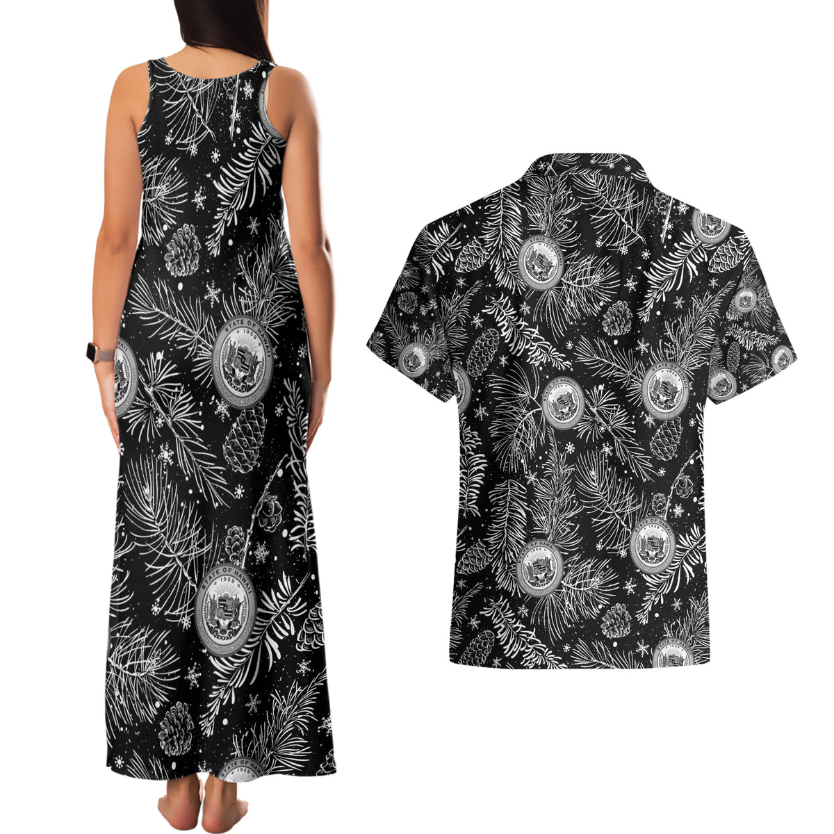 Hawaii Christmas Couples Matching Tank Maxi Dress and Hawaiian Shirt Tropical Style With Coat Of Arms LT14 - Polynesian Pride