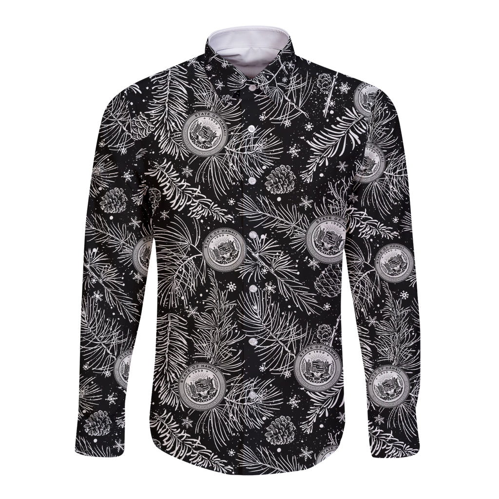 Hawaii Christmas Long Sleeve Button Shirt Tropical Style With Coat Of Arms LT14 Unisex Black - Polynesian Pride