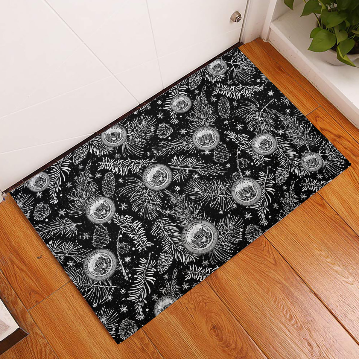 Hawaii Christmas Rubber Doormat Tropical Style With Coat Of Arms LT14 Black - Polynesian Pride