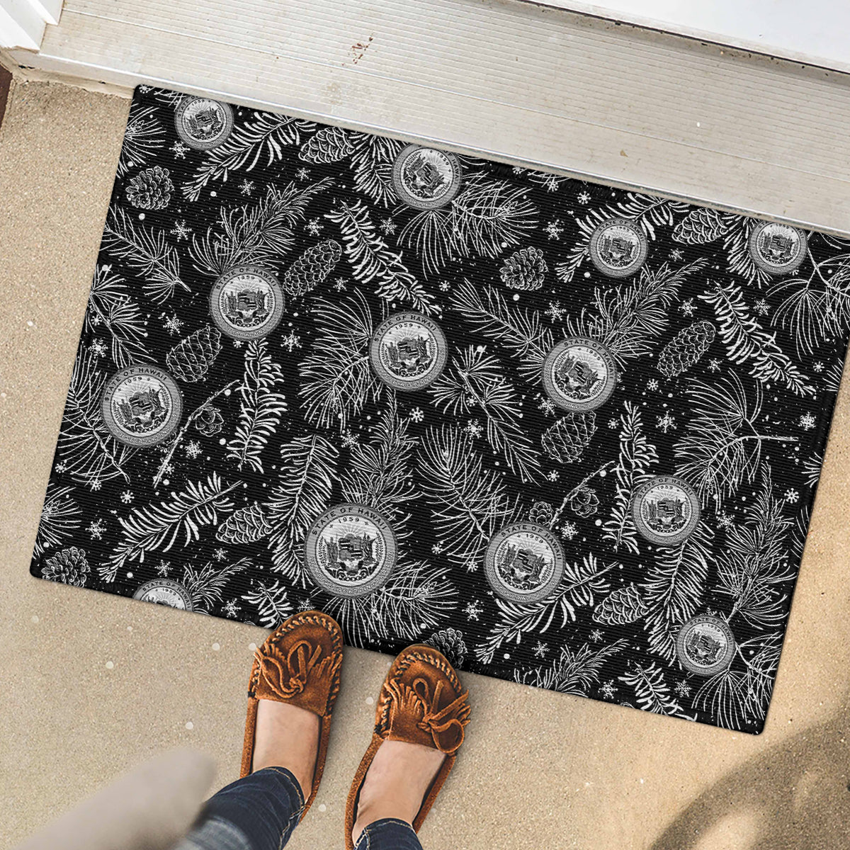 Hawaii Christmas Rubber Doormat Tropical Style With Coat Of Arms LT14 - Polynesian Pride