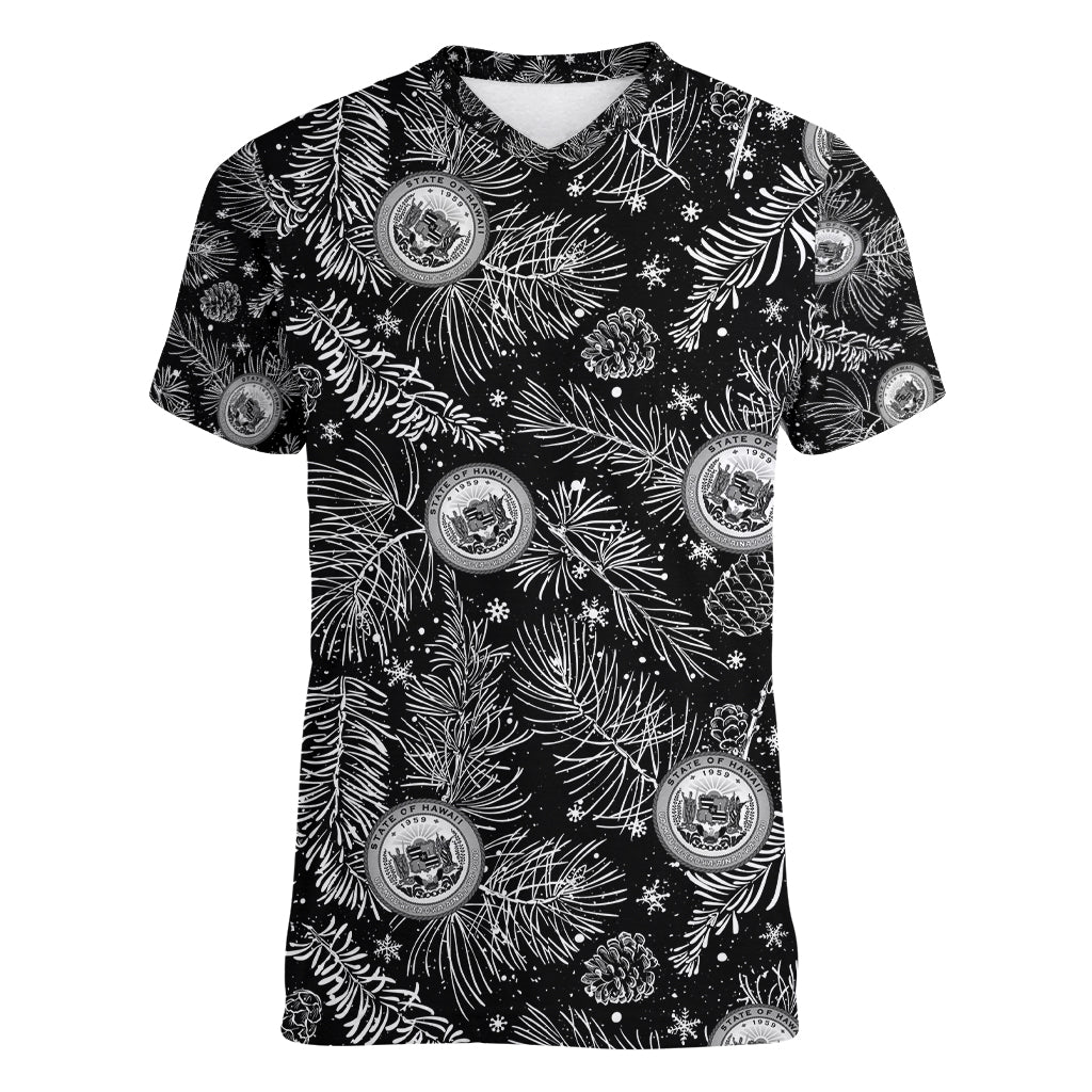 Hawaii Christmas Women V Neck T Shirt Tropical Style With Coat Of Arms LT14 Female Black - Polynesian Pride
