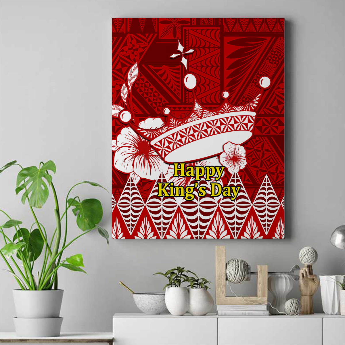 Tonga King Tupou I Day Canvas Wall Art Tongan Ngatu Pattern With Crown LT14 Red - Polynesian Pride