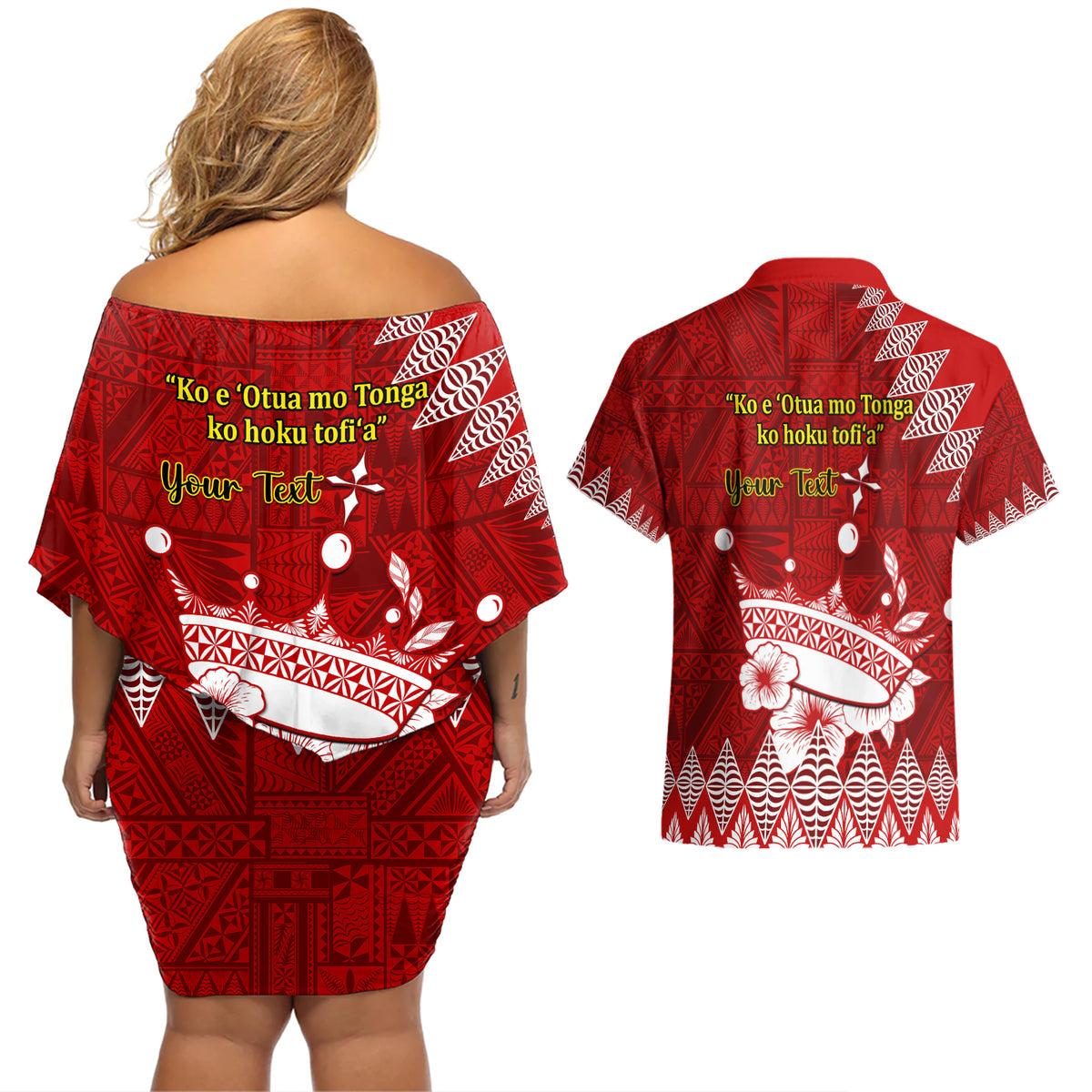 Personalised Tonga King Tupou I Day Couples Matching Off Shoulder Short Dress and Hawaiian Shirt Tongan Ngatu Pattern With Crown LT14 - Polynesian Pride