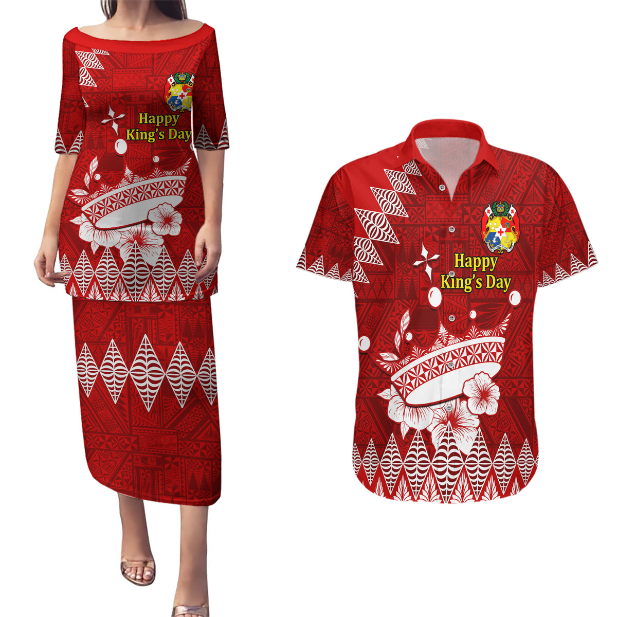 Personalised Tonga King Tupou I Day Couples Matching Puletasi Dress and Hawaiian Shirt Tongan Ngatu Pattern With Crown LT14 Red - Polynesian Pride