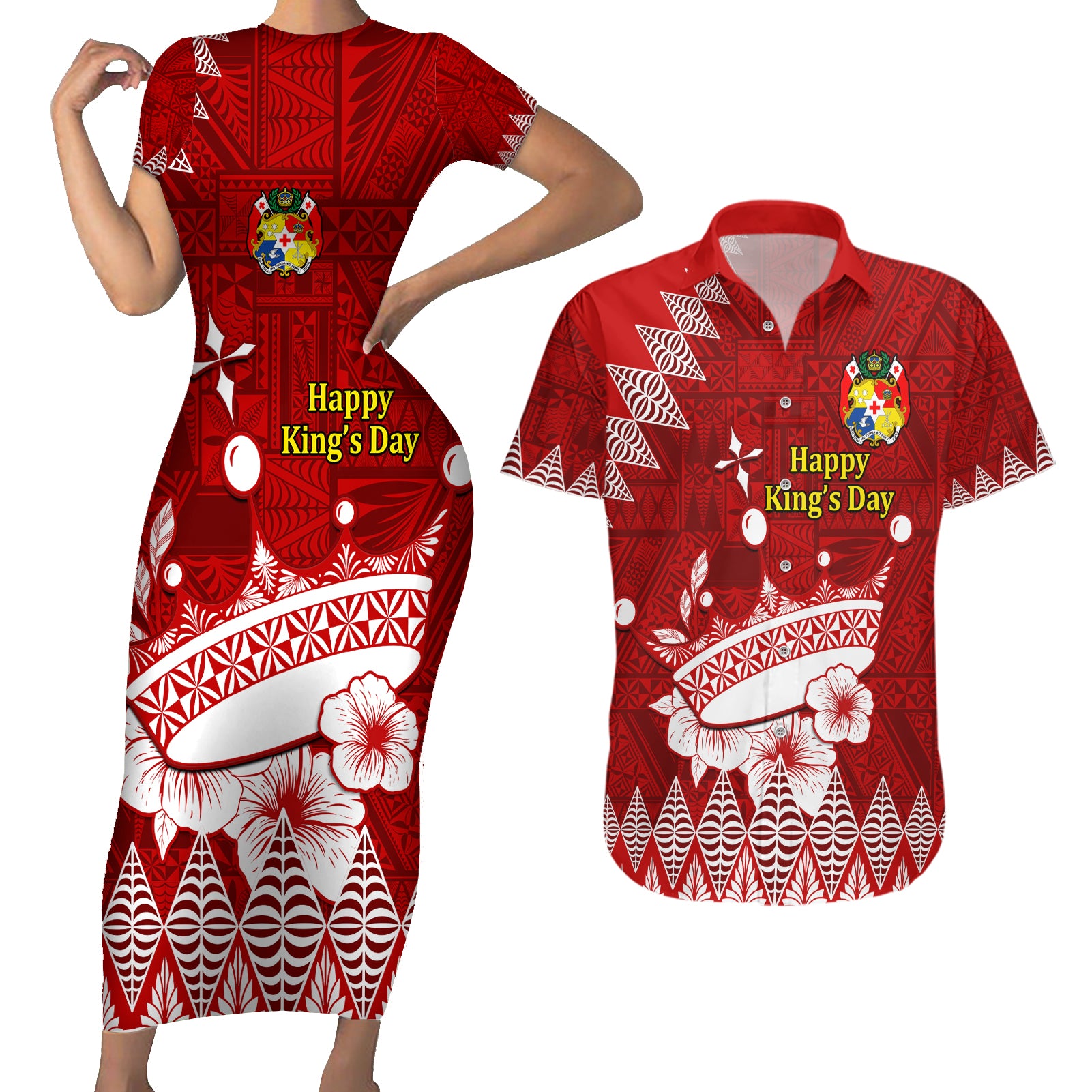 Personalised Tonga King Tupou I Day Couples Matching Short Sleeve Bodycon Dress and Hawaiian Shirt Tongan Ngatu Pattern With Crown LT14 Red - Polynesian Pride