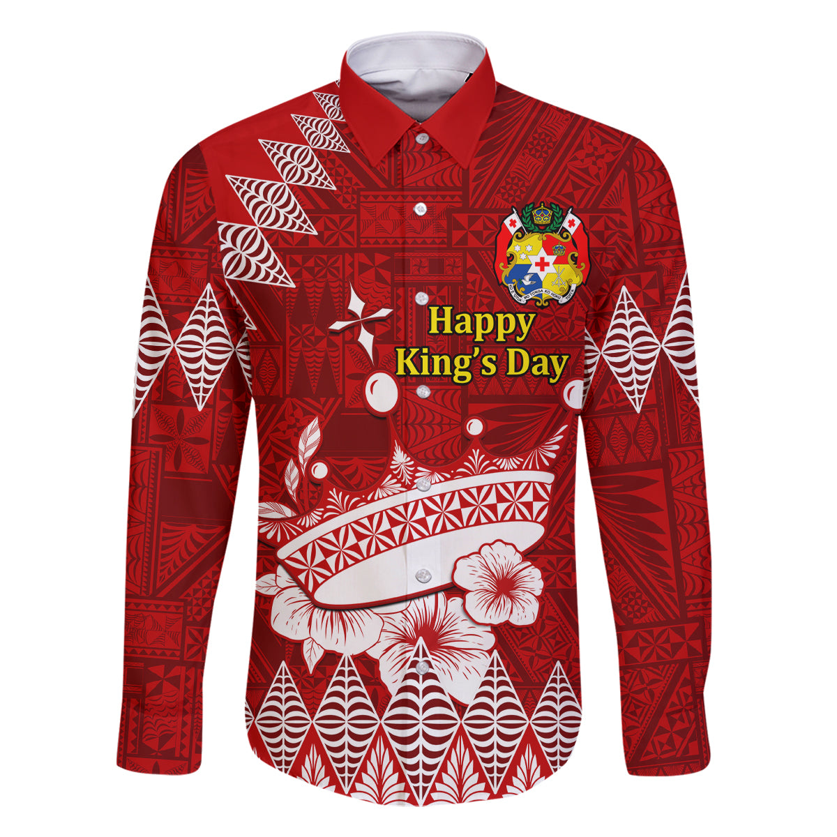 Personalised Tonga King Tupou I Day Family Matching Mermaid Dress and Hawaiian Shirt Tongan Ngatu Pattern With Crown LT14 Dad's Shirt - Long Sleeve Red - Polynesian Pride