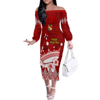 Personalised Tonga King Tupou I Day Family Matching Off Shoulder Long Sleeve Dress and Hawaiian Shirt Tongan Ngatu Pattern With Crown LT14 Mom's Dress Red - Polynesian Pride