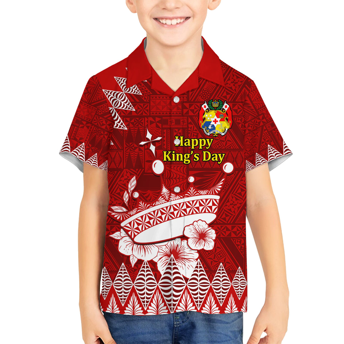 Personalised Tonga King Tupou I Day Family Matching Tank Maxi Dress and Hawaiian Shirt Tongan Ngatu Pattern With Crown LT14 Son's Shirt Red - Polynesian Pride