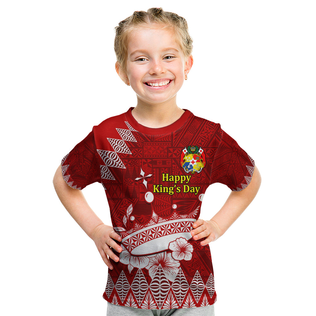 Personalised Tonga King Tupou I Day Kid T Shirt Tongan Ngatu Pattern With Crown LT14 Red - Polynesian Pride