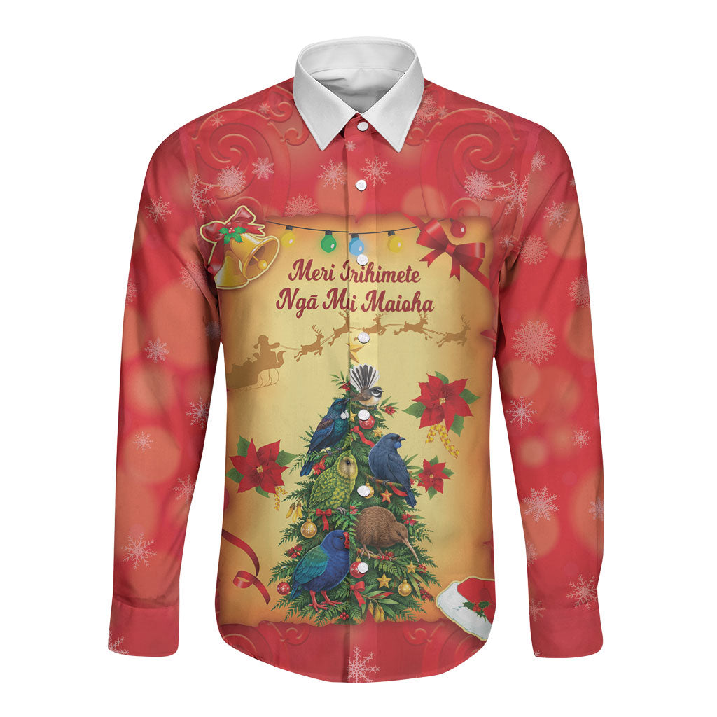 Personalised New Zealand Christmas Long Sleeve Button Shirt Meri Kirihimete NZ Xmas Tree Animals LT14 Unisex Red - Polynesian Pride