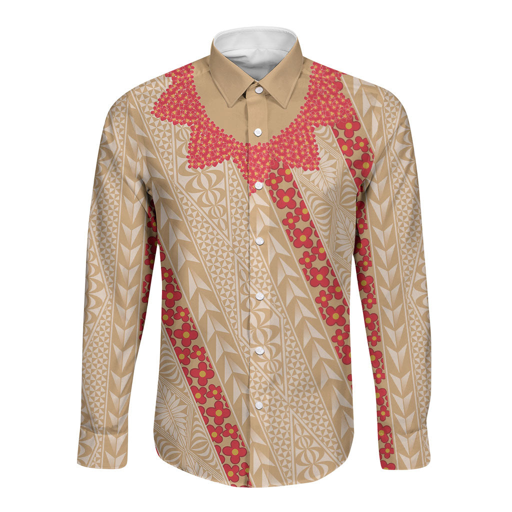 Malo e Lelei Tonga Long Sleeve Button Shirt Heilala Lei Tongan Ngatu Pattern LT14 Unisex Beige - Polynesian Pride