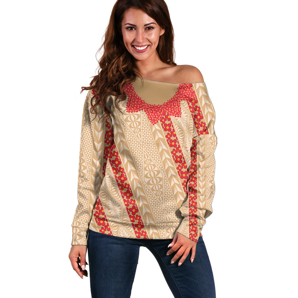 Malo e Lelei Tonga Off Shoulder Sweater Heilala Lei Tongan Ngatu Pattern LT14 Women Beige - Polynesian Pride