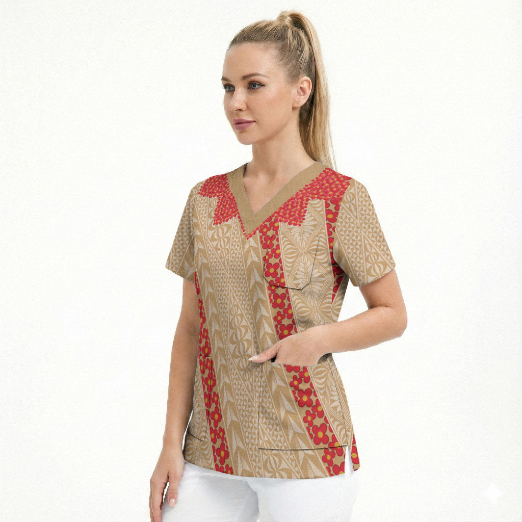 Malo e Lelei Tonga Scrub Top Heilala Lei Tongan Ngatu Pattern LT14 - Polynesian Pride