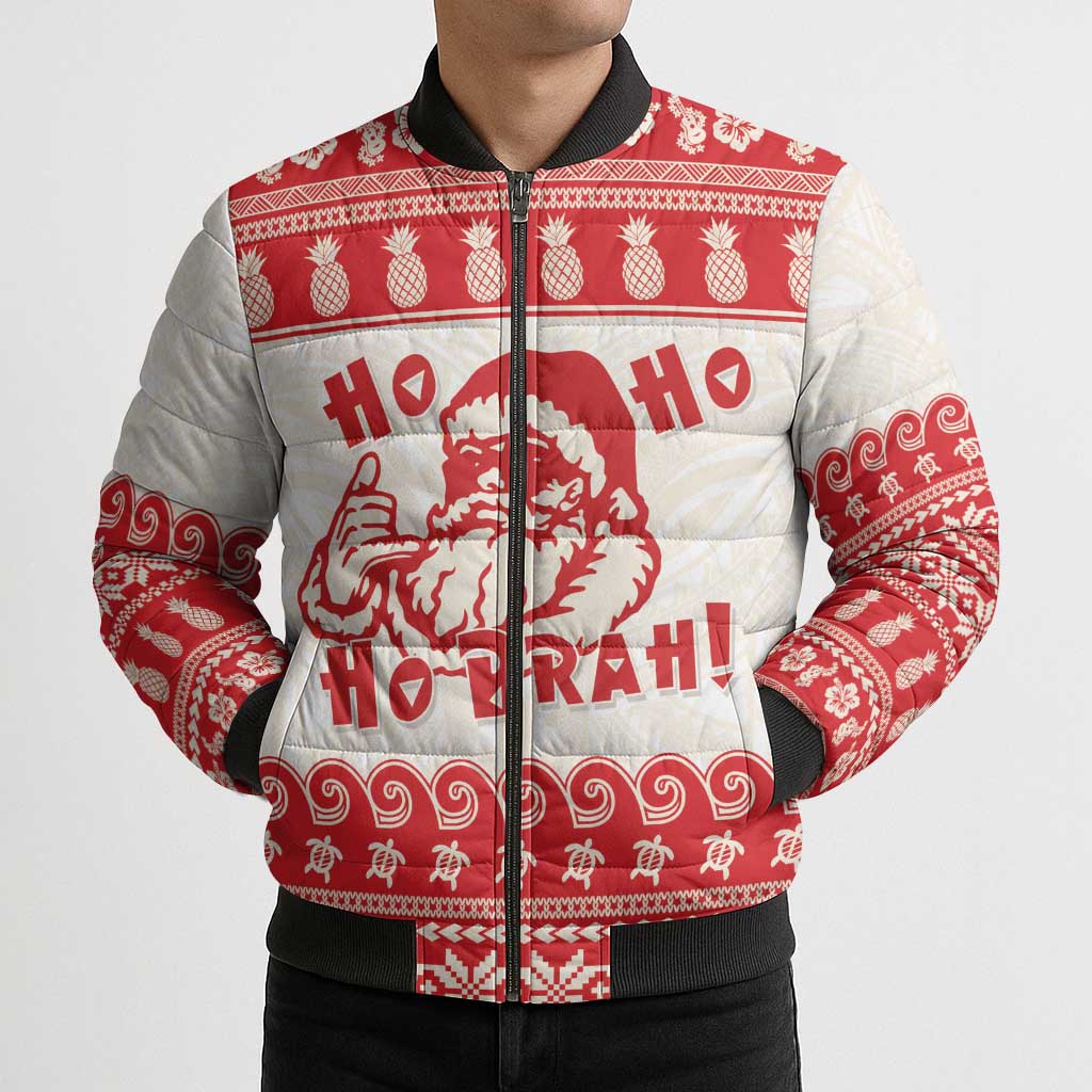Red Mele Kalikimaka Hawaii Bomber Puffer Jacket Funny Ho Ho Ho Santa Shaka - Polynesian Pride