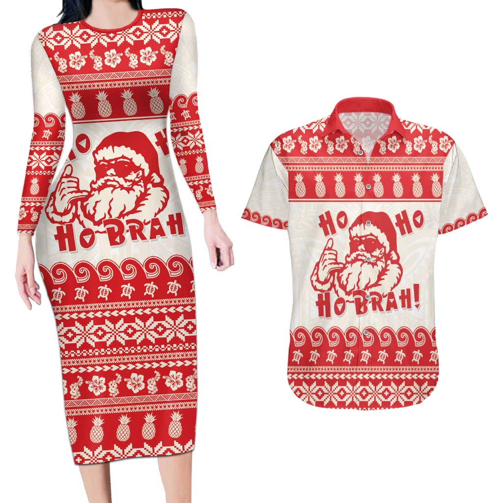 Red Mele Kalikimaka Hawaii Couples Matching Long Sleeve Bodycon Dress and Hawaiian Shirt Funny Ho Ho Ho Santa Shaka - Polynesian Pride