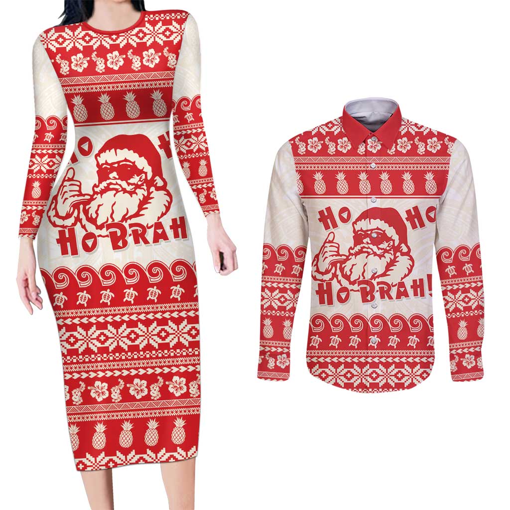 Red Mele Kalikimaka Hawaii Couples Matching Long Sleeve Bodycon Dress and Long Sleeve Button Shirt Funny Ho Ho Ho Santa Shaka - Polynesian Pride