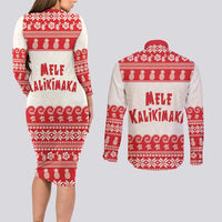 Red Mele Kalikimaka Hawaii Couples Matching Long Sleeve Bodycon Dress and Long Sleeve Button Shirt Funny Ho Ho Ho Santa Shaka - Polynesian Pride