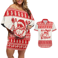 Red Mele Kalikimaka Hawaii Couples Matching Off Shoulder Short Dress and Hawaiian Shirt Funny Ho Ho Ho Santa Shaka - Polynesian Pride
