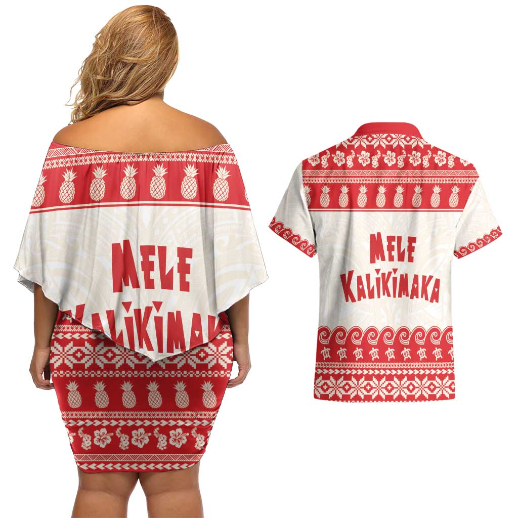 Red Mele Kalikimaka Hawaii Couples Matching Off Shoulder Short Dress and Hawaiian Shirt Funny Ho Ho Ho Santa Shaka - Polynesian Pride