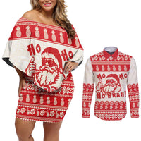Red Mele Kalikimaka Hawaii Couples Matching Off Shoulder Short Dress and Long Sleeve Button Shirt Funny Ho Ho Ho Santa Shaka - Polynesian Pride