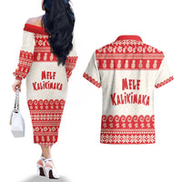 Red Mele Kalikimaka Hawaii Couples Matching Off The Shoulder Long Sleeve Dress and Hawaiian Shirt Funny Ho Ho Ho Santa Shaka - Polynesian Pride