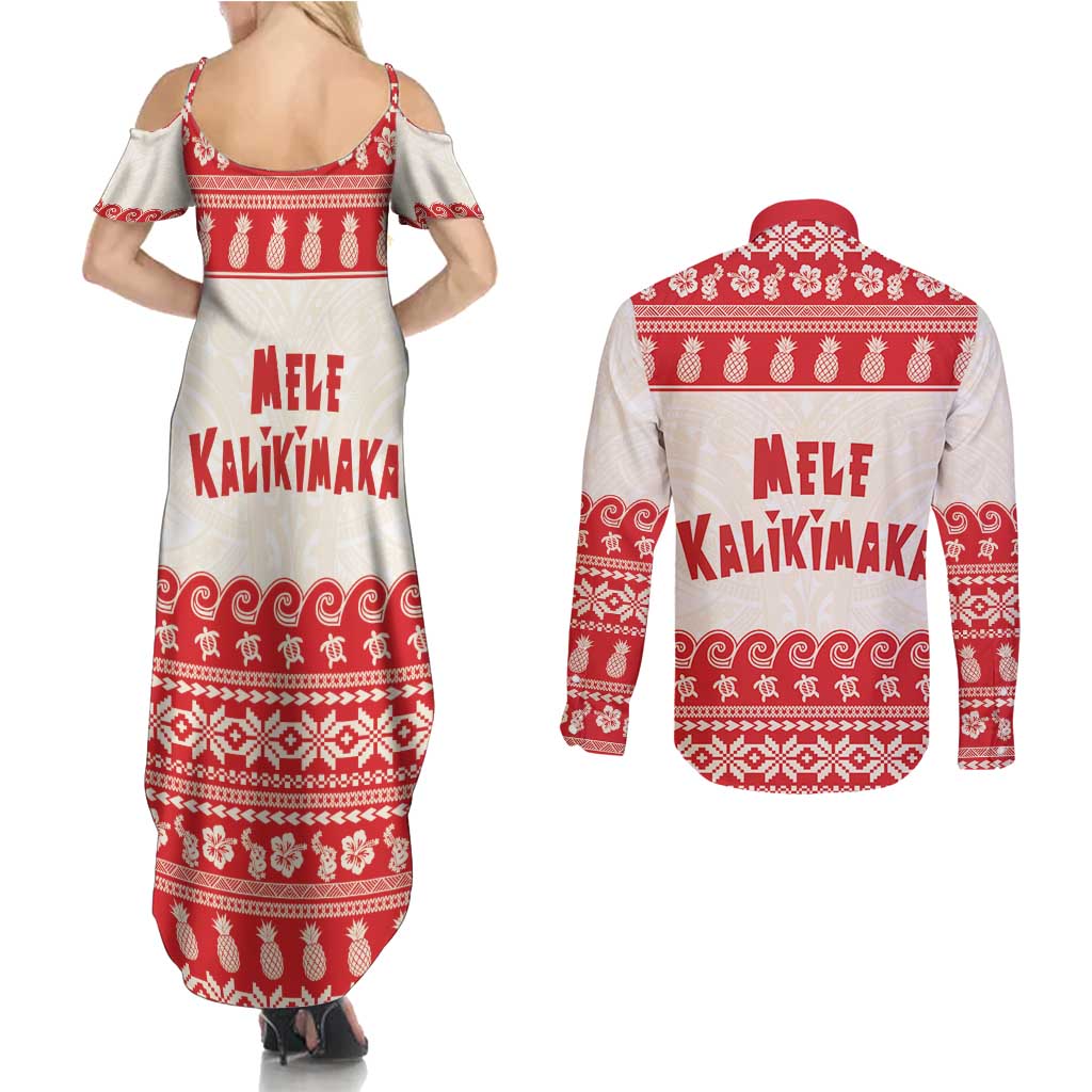 Red Mele Kalikimaka Hawaii Couples Matching Summer Maxi Dress and Long Sleeve Button Shirt Funny Ho Ho Ho Santa Shaka - Polynesian Pride