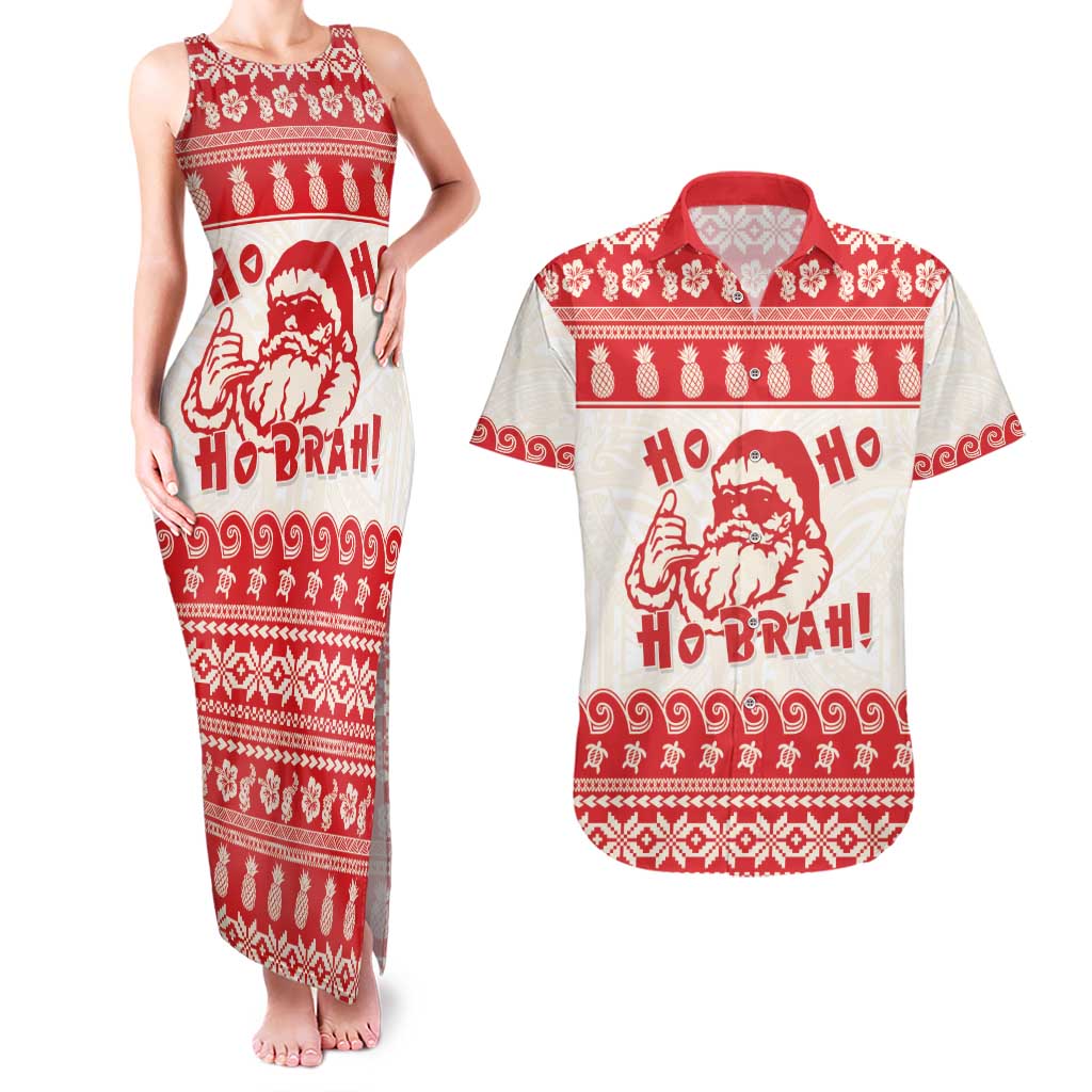 Red Mele Kalikimaka Hawaii Couples Matching Tank Maxi Dress and Hawaiian Shirt Funny Ho Ho Ho Santa Shaka - Polynesian Pride