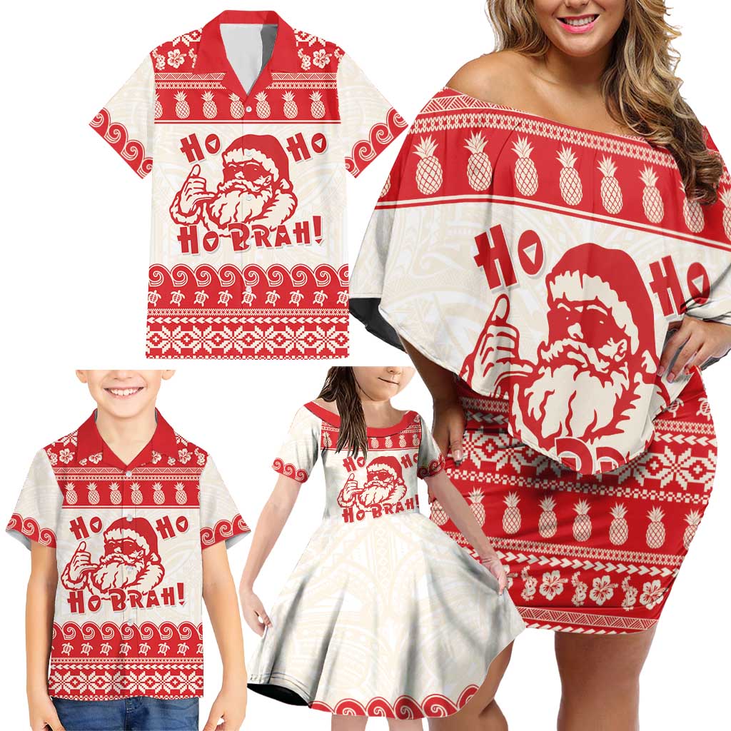 Red Mele Kalikimaka Hawaii Family Matching Off Shoulder Short Dress and Hawaiian Shirt Funny Ho Ho Ho Santa Shaka LT14 - Polynesian Pride