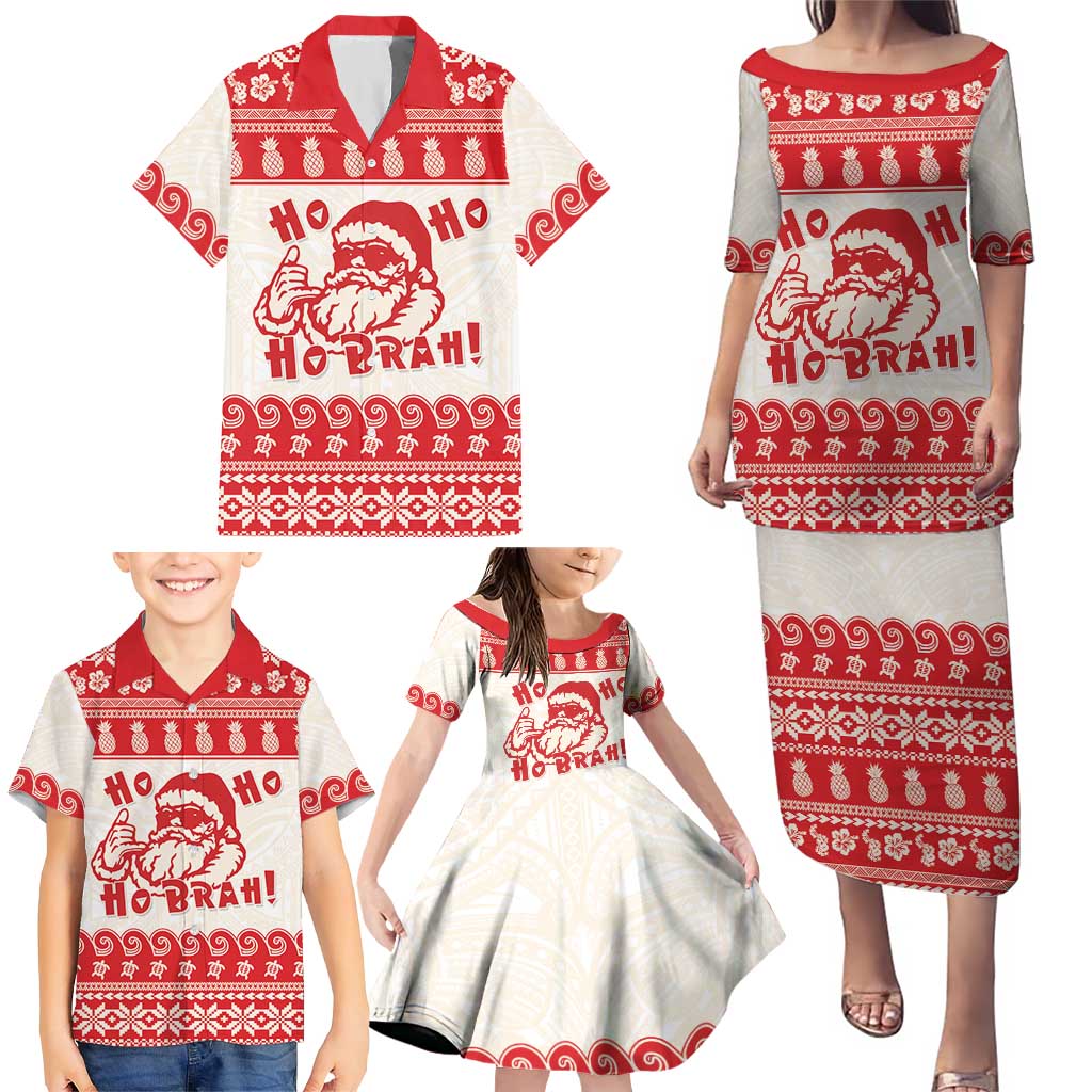 Red Mele Kalikimaka Hawaii Family Matching Puletasi and Hawaiian Shirt Funny Ho Ho Ho Santa Shaka - Polynesian Pride