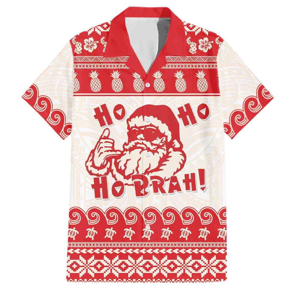 Red Mele Kalikimaka Hawaii Family Matching Puletasi and Hawaiian Shirt Funny Ho Ho Ho Santa Shaka LT14 Dad's Shirt - Short Sleeve Red - Polynesian Pride