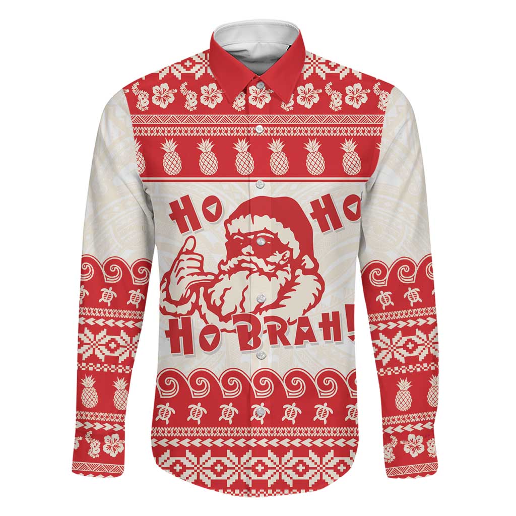 Red Mele Kalikimaka Hawaii Family Matching Puletasi and Hawaiian Shirt Funny Ho Ho Ho Santa Shaka LT14 Dad's Shirt - Long Sleeve Red - Polynesian Pride