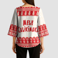 Red Mele Kalikimaka Hawaii Kimono Sleeve Blouse Funny Ho Ho Ho Santa Shaka - Polynesian Pride