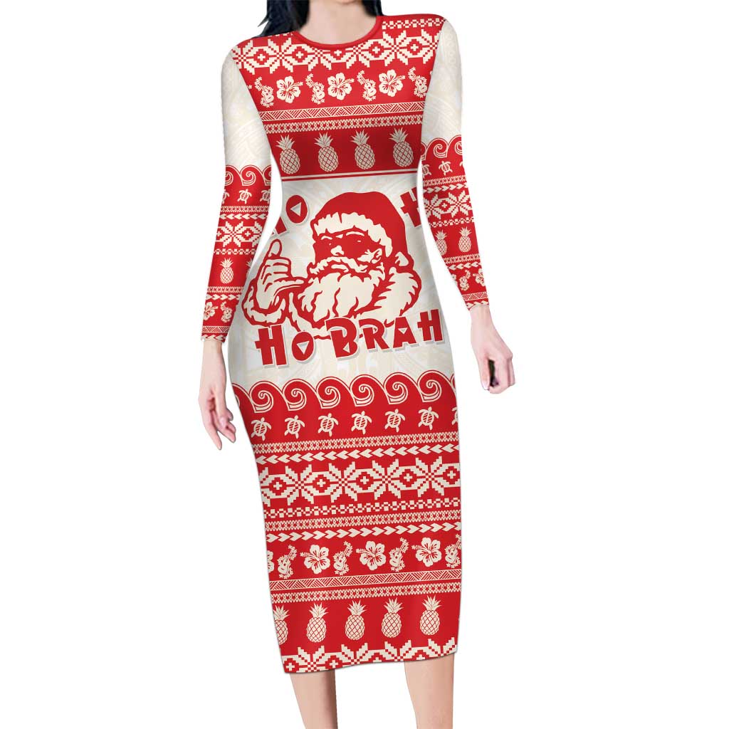 Red Mele Kalikimaka Hawaii Long Sleeve Bodycon Dress Funny Ho Ho Ho Santa Shaka LT14 Long Dress Red - Polynesian Pride