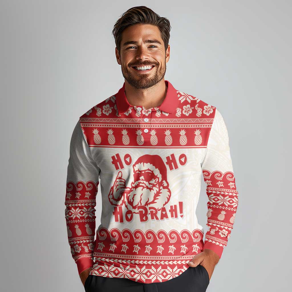 Red Mele Kalikimaka Hawaii Long Sleeve Polo Shirt Funny Ho Ho Ho Santa Shaka - Polynesian Pride