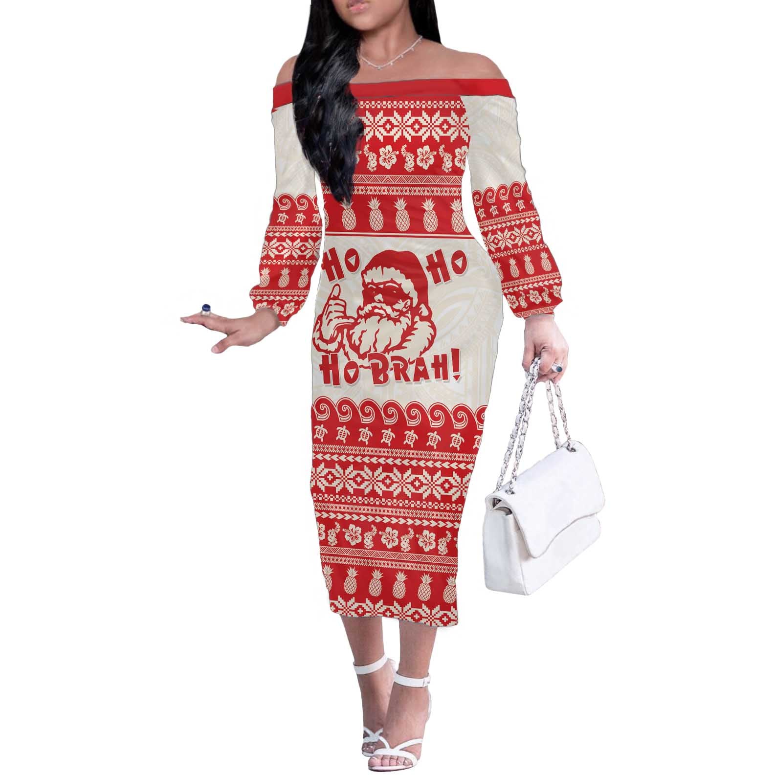 Red Mele Kalikimaka Hawaii Off The Shoulder Long Sleeve Dress Funny Ho Ho Ho Santa Shaka - Polynesian Pride