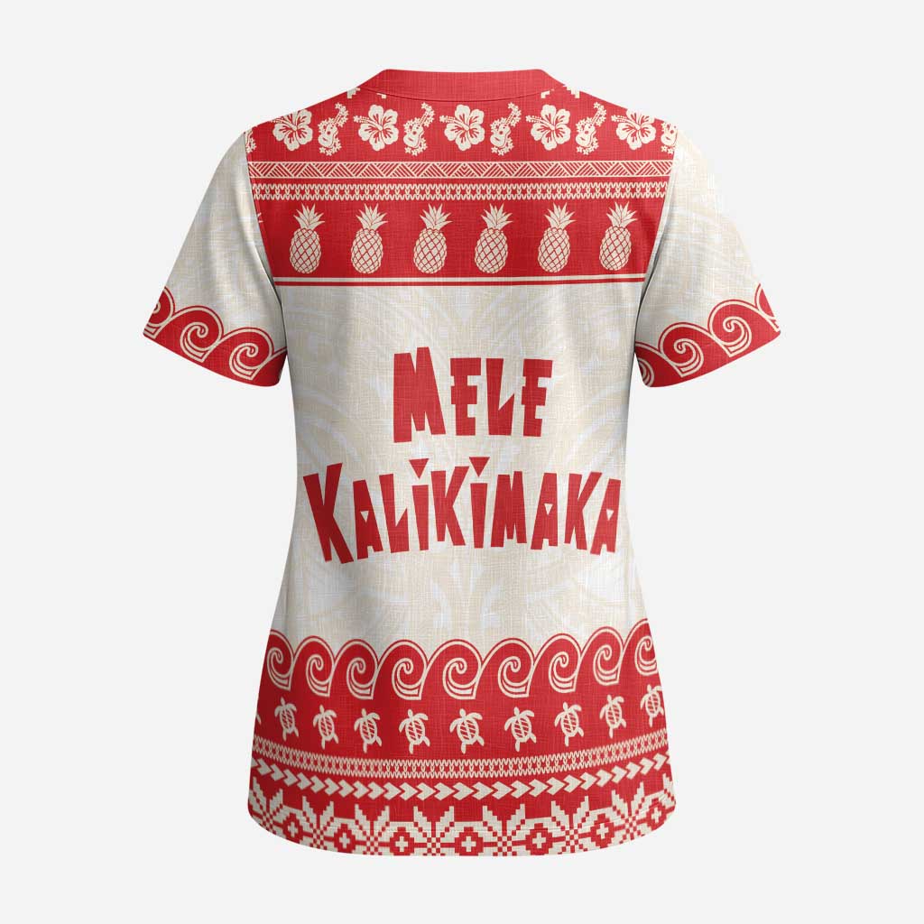 Red Mele Kalikimaka Hawaii Scrub Top Funny Ho Ho Ho Santa Shaka - Polynesian Pride