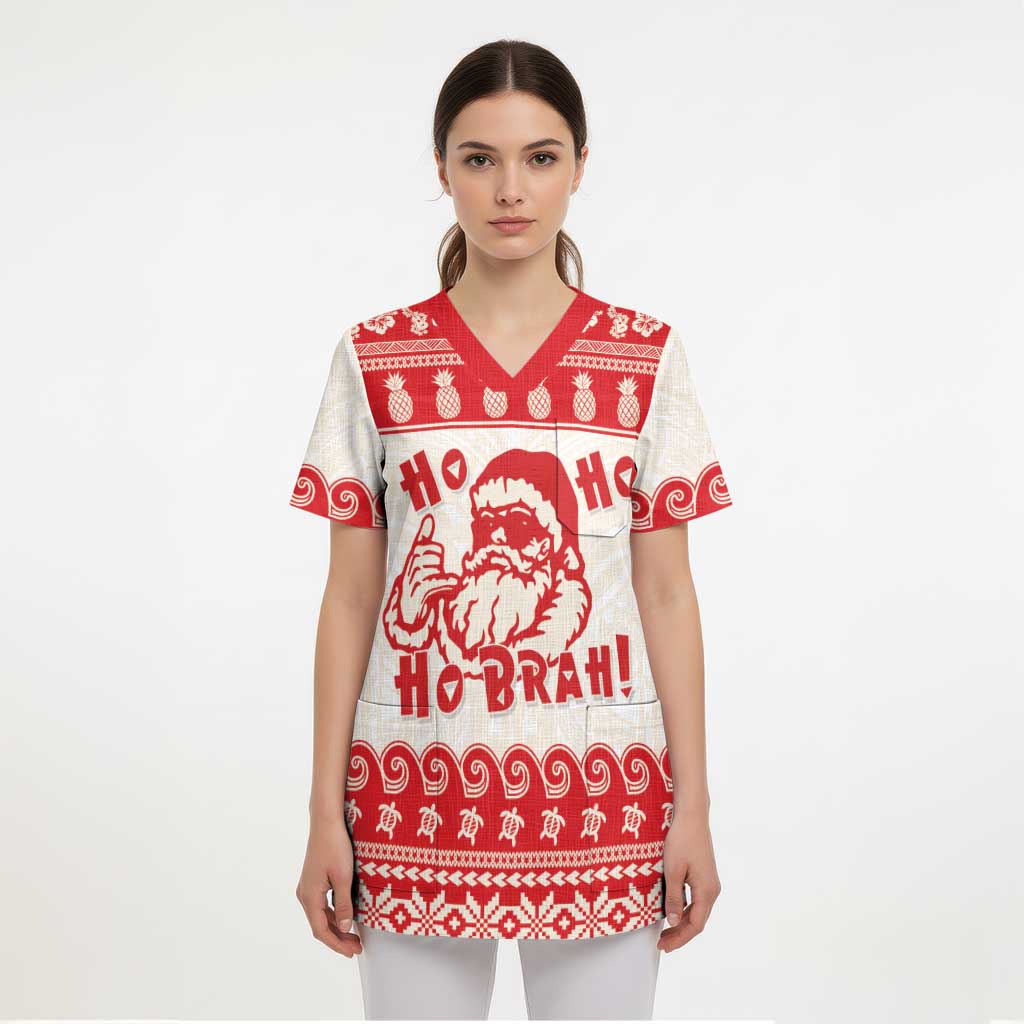 Red Mele Kalikimaka Hawaii Scrub Top Funny Ho Ho Ho Santa Shaka - Polynesian Pride