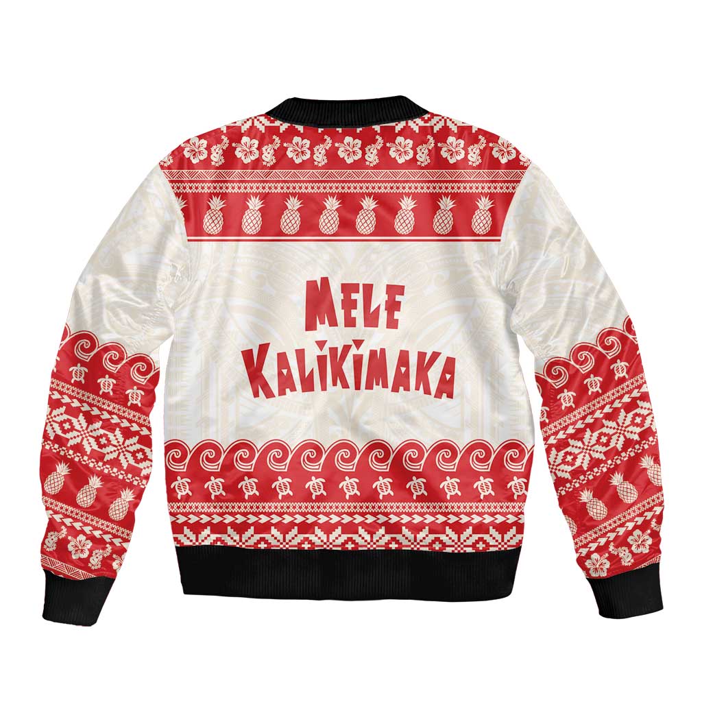 Red Mele Kalikimaka Hawaii Sleeve Zip Bomber Jacket Funny Ho Ho Ho Santa Shaka - Polynesian Pride