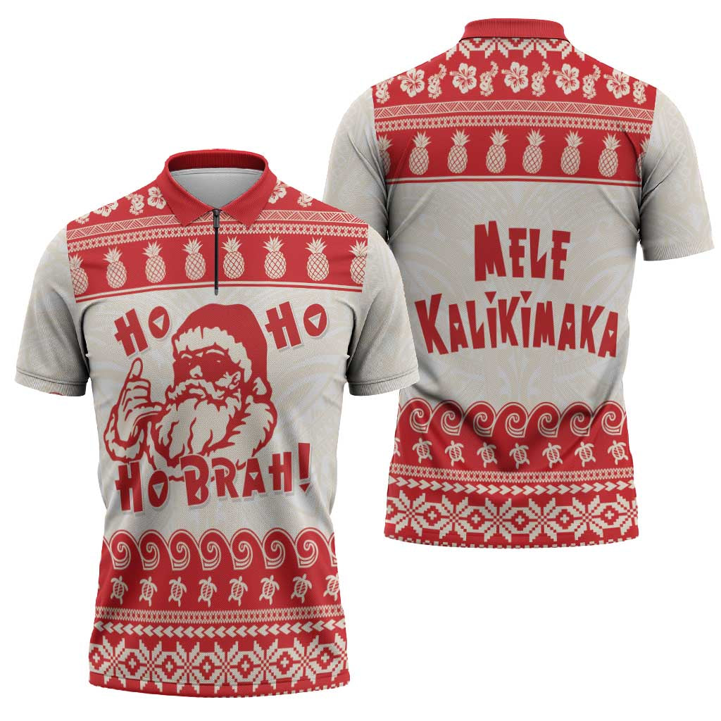 Red Mele Kalikimaka Hawaii Zipper Polo Shirt Funny Ho Ho Ho Santa Shaka - Polynesian Pride