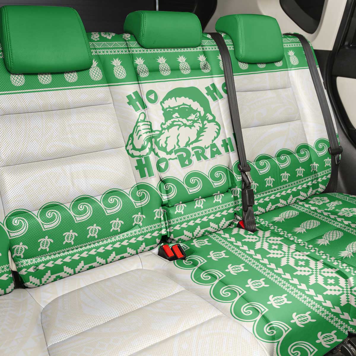 Green Mele Kalikimaka Hawaii Back Car Seat Cover Funny Ho Ho Ho Santa Shaka - Polynesian Pride