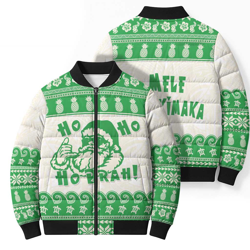 Green Mele Kalikimaka Hawaii Bomber Puffer Jacket Funny Ho Ho Ho Santa Shaka - Polynesian Pride