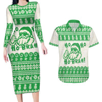 Green Mele Kalikimaka Hawaii Couples Matching Long Sleeve Bodycon Dress and Hawaiian Shirt Funny Ho Ho Ho Santa Shaka - Polynesian Pride