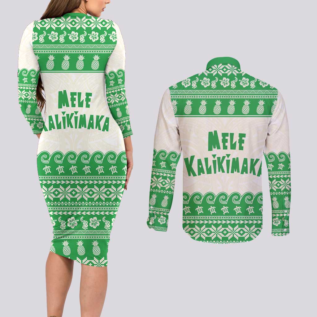 Green Mele Kalikimaka Hawaii Couples Matching Long Sleeve Bodycon Dress and Long Sleeve Button Shirt Funny Ho Ho Ho Santa Shaka - Polynesian Pride