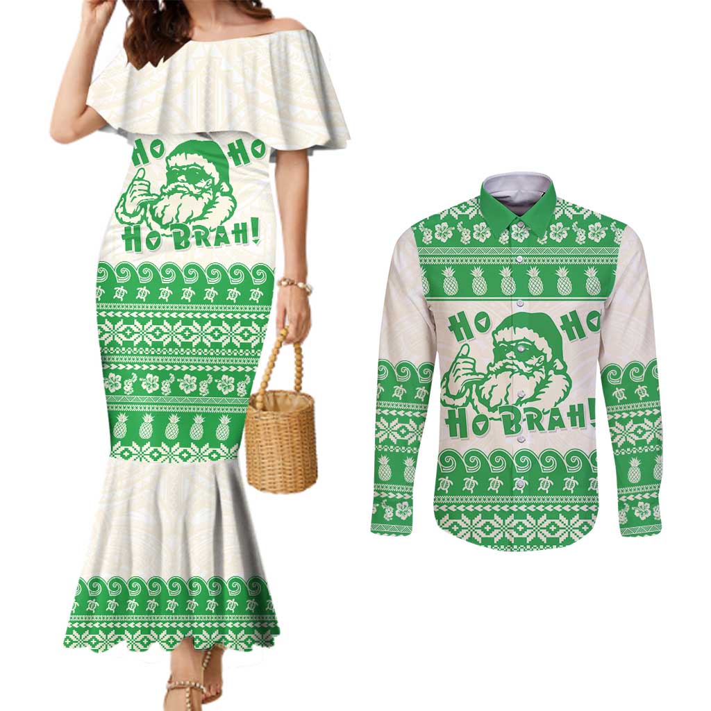 Green Mele Kalikimaka Hawaii Couples Matching Mermaid Dress and Long Sleeve Button Shirt Funny Ho Ho Ho Santa Shaka - Polynesian Pride