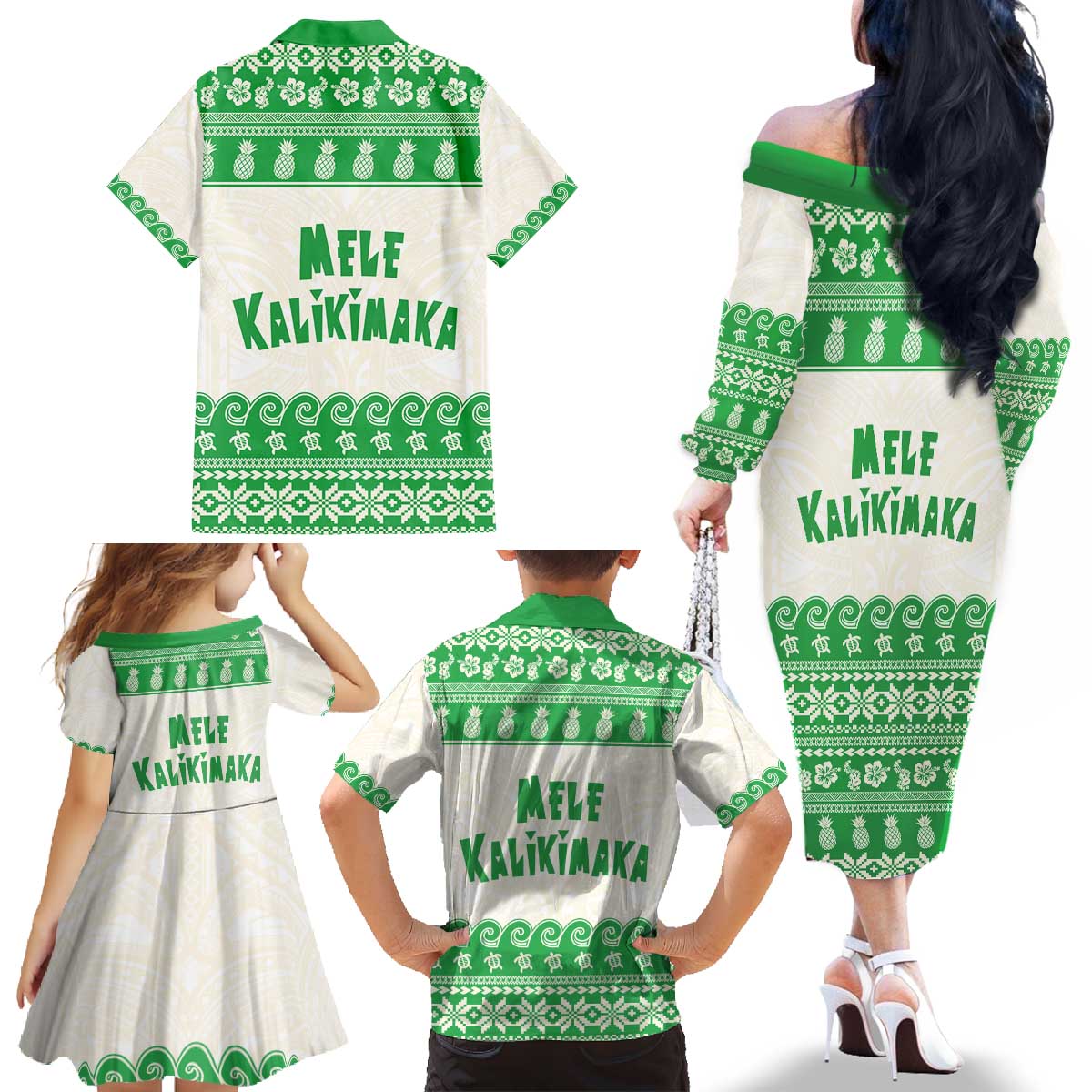 Green Mele Kalikimaka Hawaii Family Matching Off The Shoulder Long Sleeve Dress and Hawaiian Shirt Funny Ho Ho Ho Santa Shaka - Polynesian Pride