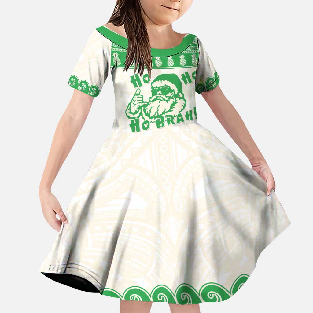 Green Mele Kalikimaka Hawaii Family Matching Puletasi and Hawaiian Shirt Funny Ho Ho Ho Santa Shaka LT14 Daughter's Dress Green - Polynesian Pride