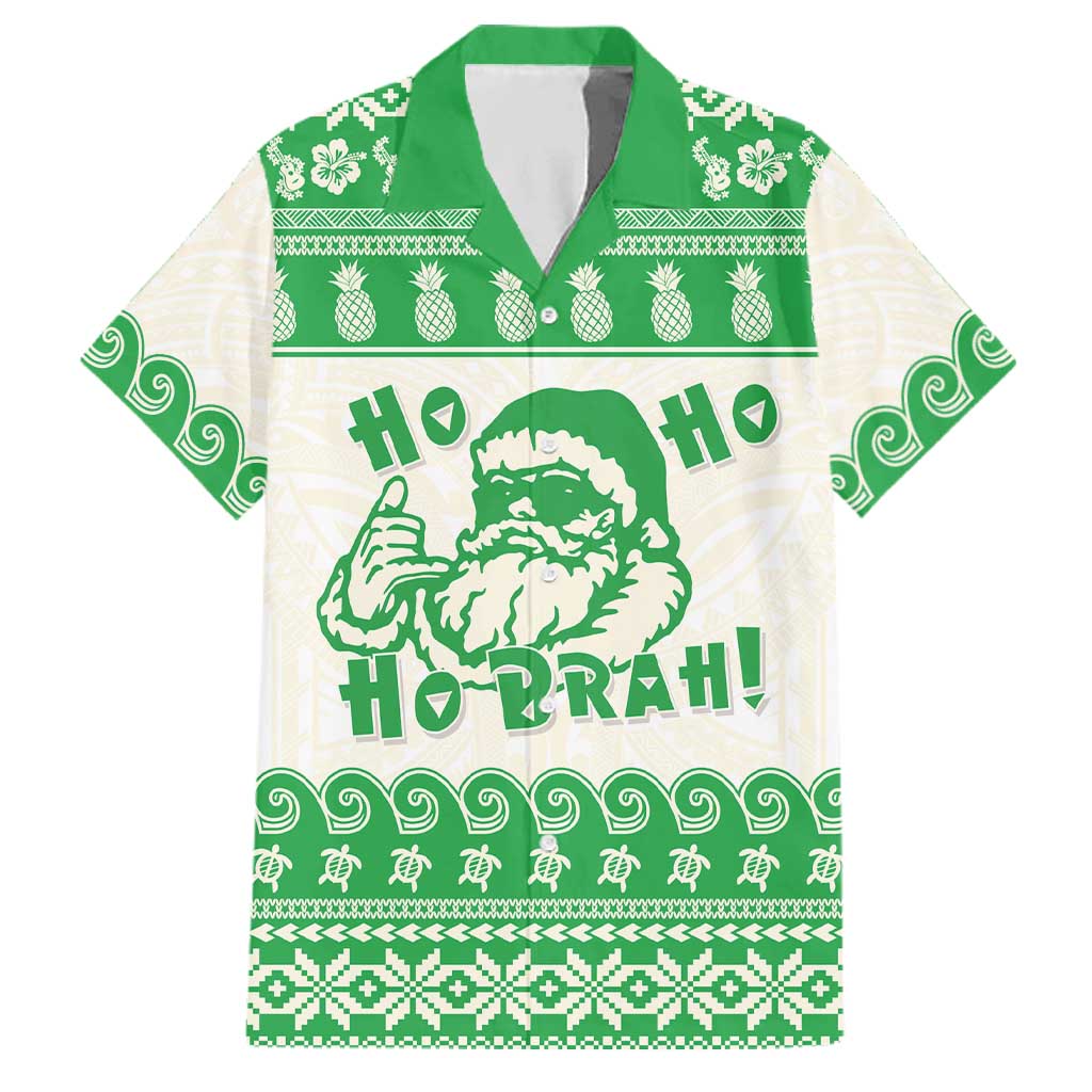 Green Mele Kalikimaka Hawaii Family Matching Puletasi and Hawaiian Shirt Funny Ho Ho Ho Santa Shaka LT14 Dad's Shirt - Short Sleeve Green - Polynesian Pride