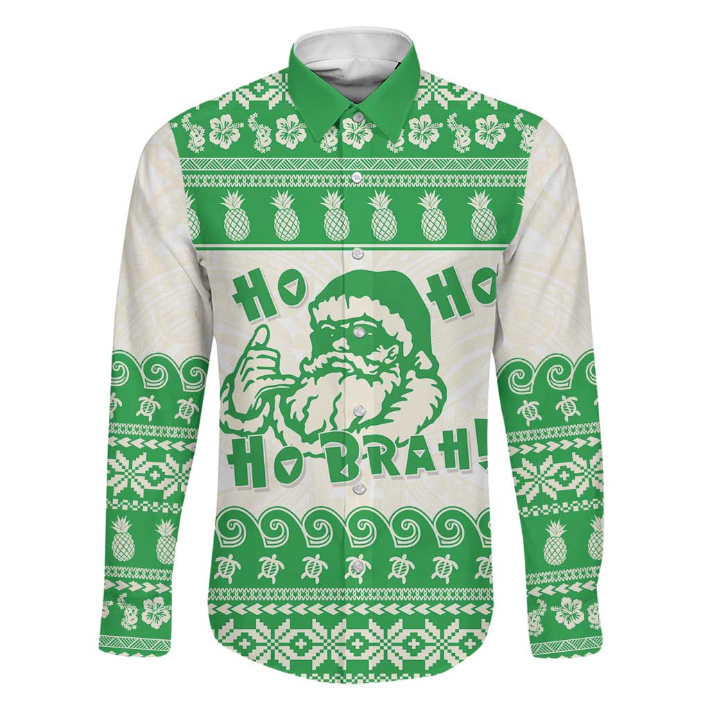 Green Mele Kalikimaka Hawaii Family Matching Puletasi and Hawaiian Shirt Funny Ho Ho Ho Santa Shaka LT14 Dad's Shirt - Long Sleeve Green - Polynesian Pride