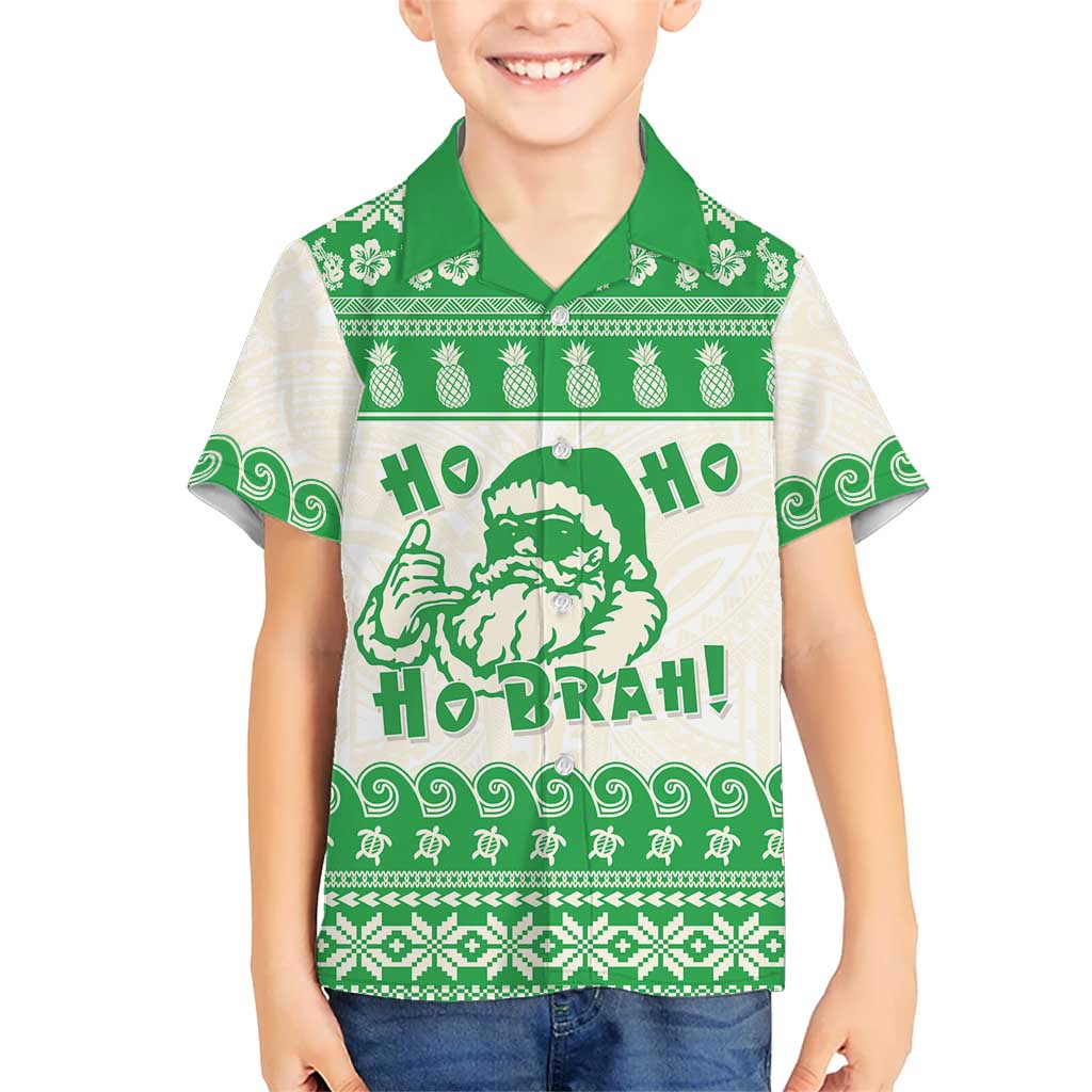 Green Mele Kalikimaka Hawaii Family Matching Puletasi and Hawaiian Shirt Funny Ho Ho Ho Santa Shaka LT14 Son's Shirt Green - Polynesian Pride