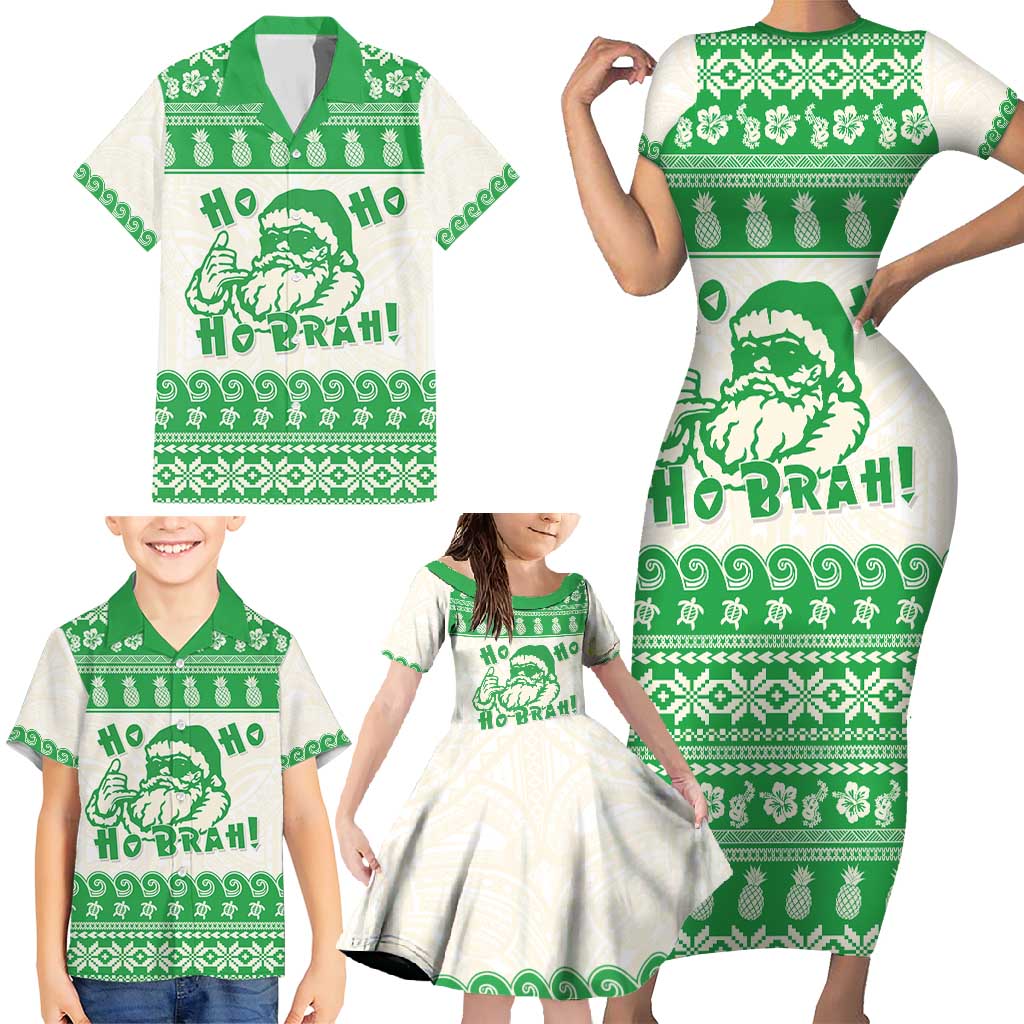 Green Mele Kalikimaka Hawaii Family Matching Short Sleeve Bodycon Dress and Hawaiian Shirt Funny Ho Ho Ho Santa Shaka - Polynesian Pride